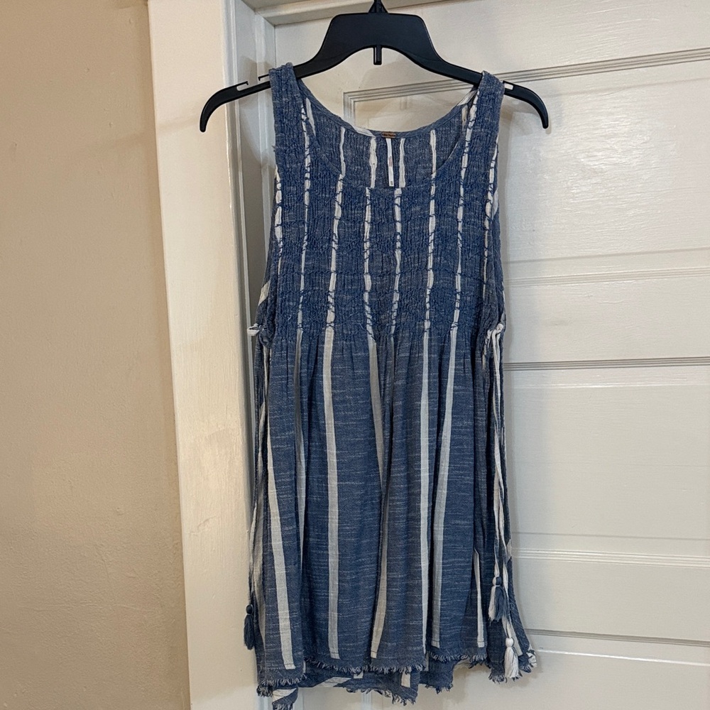 Free People Blue and White Smocked Striped Mini Dress Sz XS